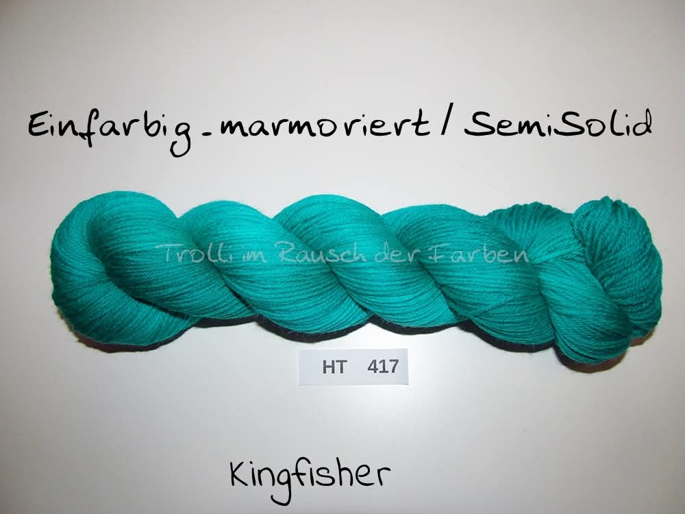 High Twist (4HT), handgefärbte Sockenwolle 4-fach 100g (HT417) "Einfarbig marmoriert - Kingfisher"