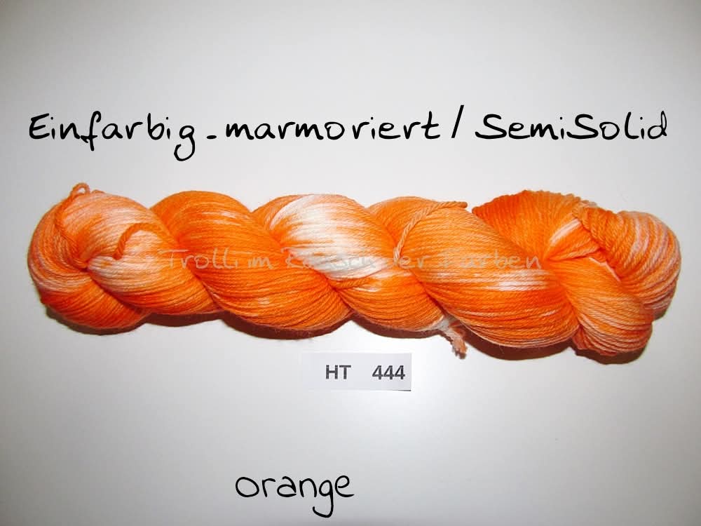 High Twist (4HT), handgefärbte Sockenwolle 4-fach 100g (HT444) "Einfarbig marmoriert - Orange"