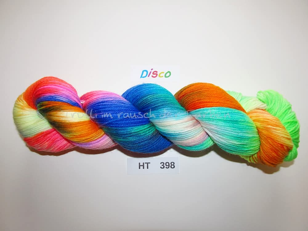 High Twist (4HT), handgefärbte Sockenwolle 4-fach 100g (HT398) "Disco"