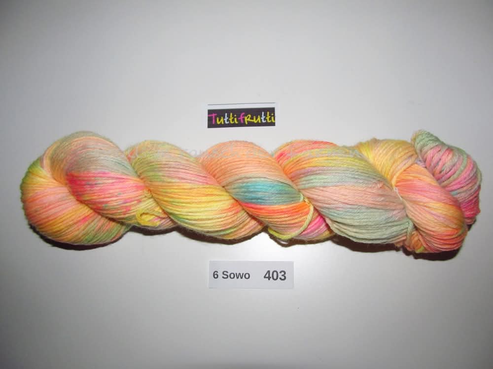 Handgefärbte Sockenwolle (6Sowo) 6-fach 100g (6Sowo403) "Tuttifrutti"