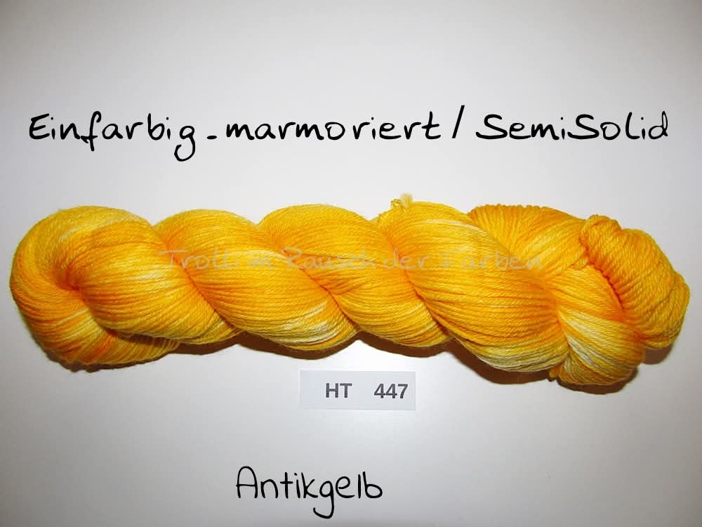 High Twist (4HT), handgefärbte Sockenwolle 4-fach 100g (HT447) "Einfarbig marmoriert - Antikgelb"