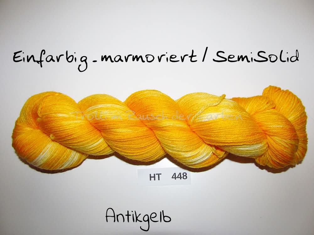High Twist (4HT), handgefärbte Sockenwolle 4-fach 100g (HT448) "Einfarbig marmoriert - Antikgelb"