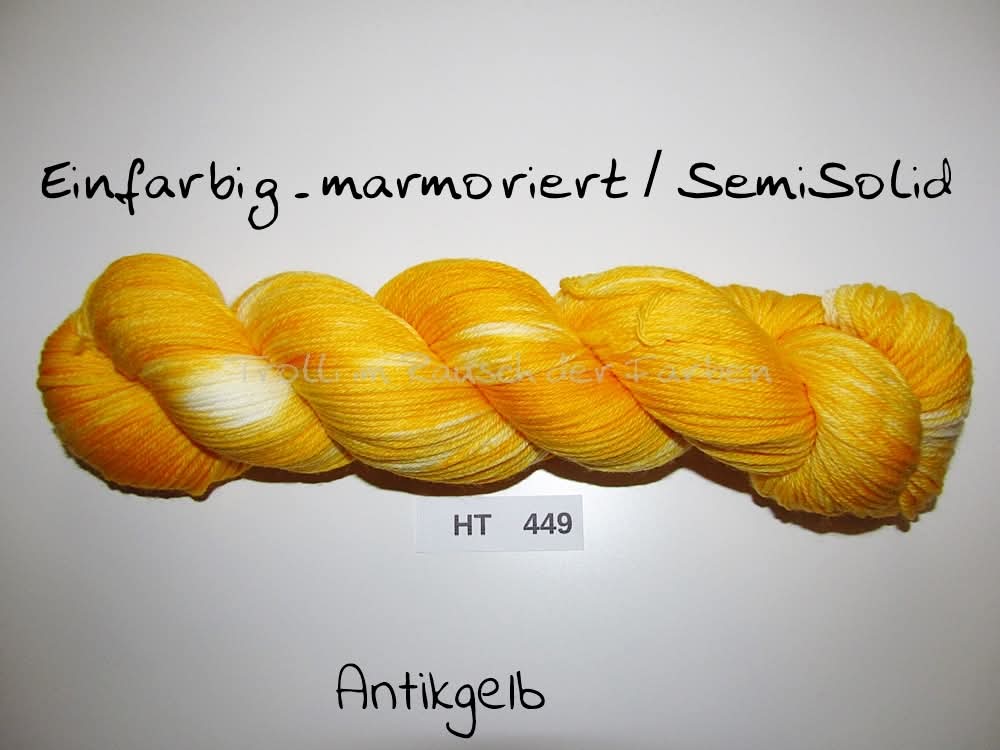 High Twist (4HT), handgefärbte Sockenwolle 4-fach 100g (HT449) "Einfarbig marmoriert - Antikgelb"