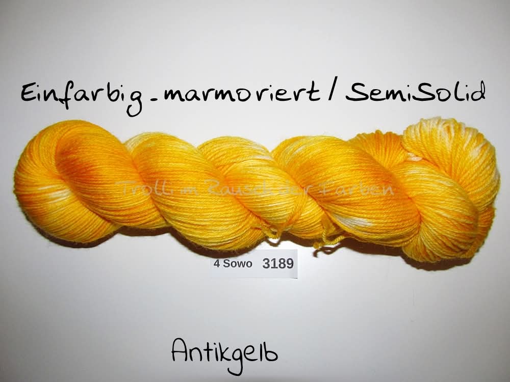 Handgefärbte Sockenwolle (4Sowo) 4-fach 100g (4Sowo3189) "Einfarbig marmoriert - Antikgelb"