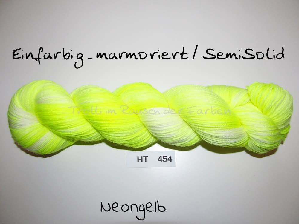 High Twist (4HT), handgefärbte Sockenwolle 4-fach 100g (HT454) "Einfarbig marmoriert - Neongelb"