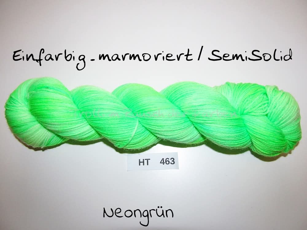 High Twist (4HT), handgefärbte Sockenwolle 4-fach 100g (HT463) "Einfarbig marmoriert - Neongrün"
