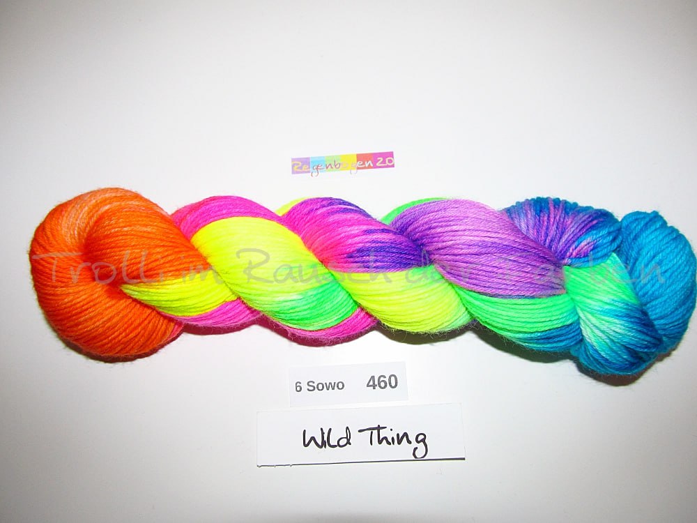Handgefärbte Sockenwolle (6Sowo) 6-fach 100g (6Sowo460) "Wilder Regenbogen 2.0"