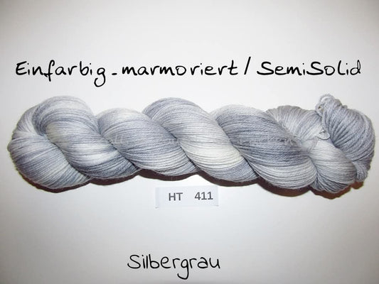 High Twist (4HT), handgefärbte Sockenwolle 4-fach 100g (HT411) "Einfarbig marmoriert - Silbergrau"
