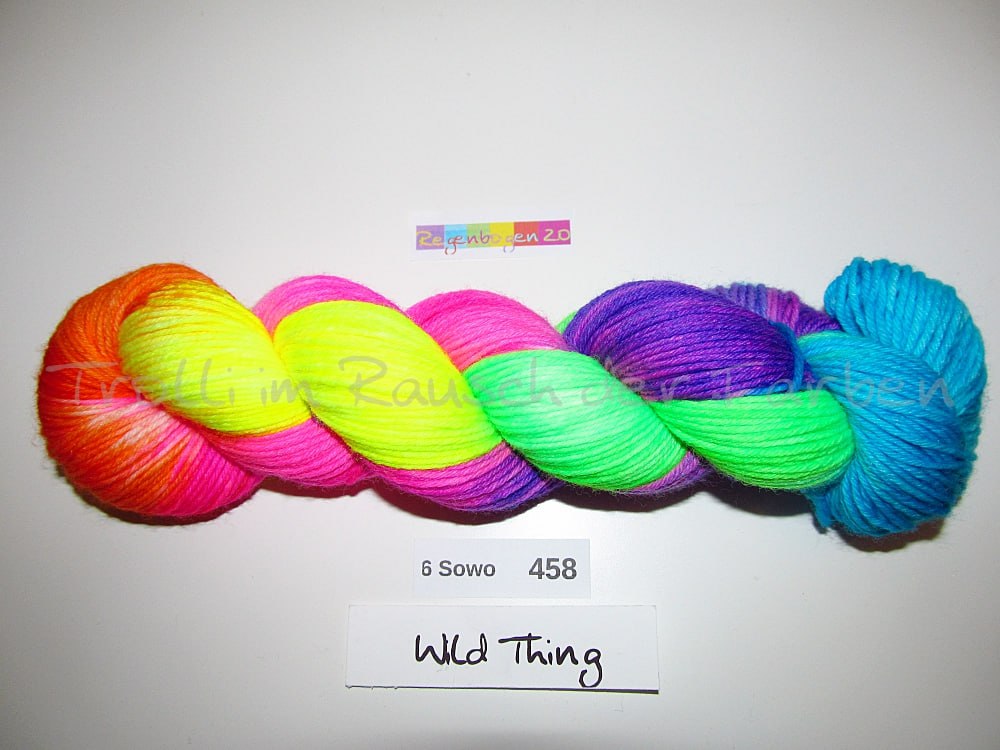 Handgefärbte Sockenwolle (6Sowo) 6-fach 100g (6Sowo458) "Wilder Regenbogen 2.0"