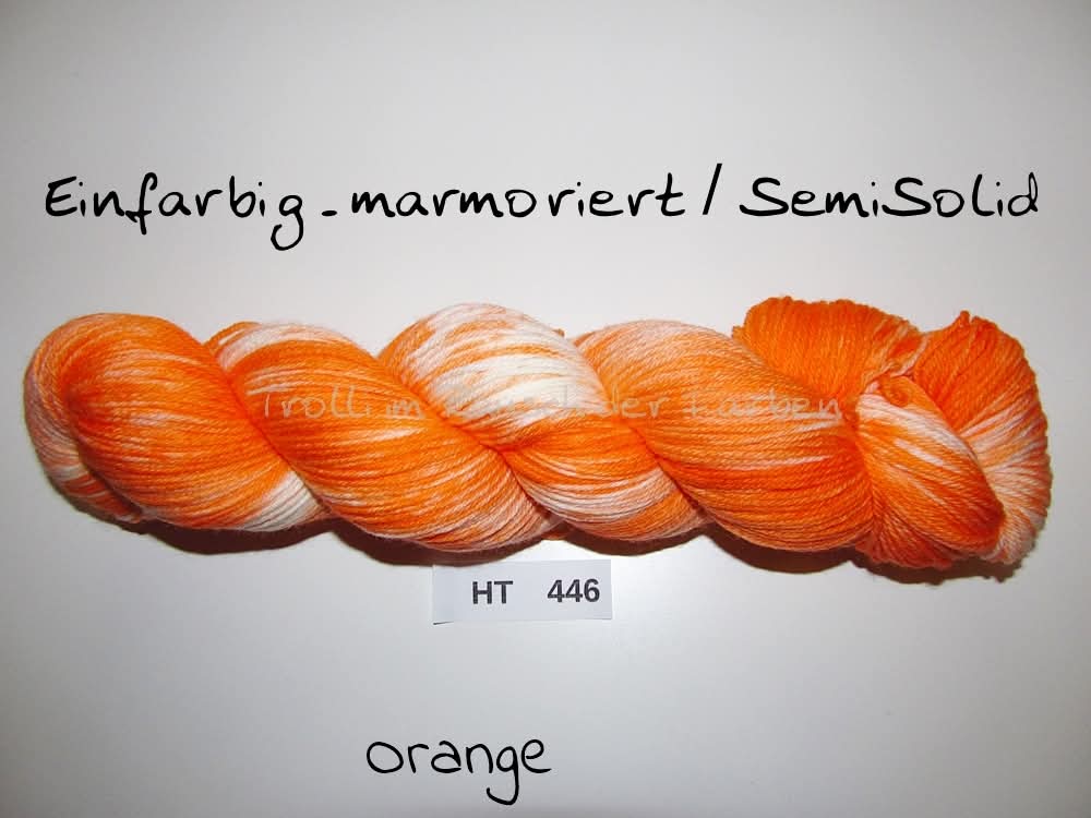 High Twist (4HT), handgefärbte Sockenwolle 4-fach 100g (HT446) "Einfarbig marmoriert - Orange"