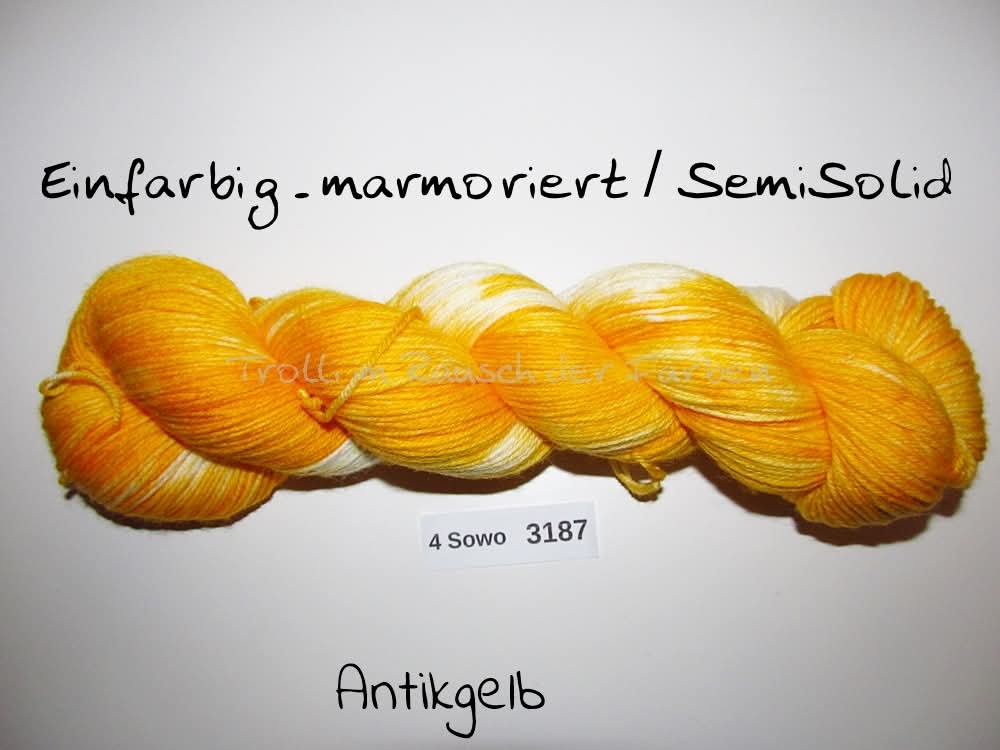 Handgefärbte Sockenwolle (4Sowo) 4-fach 100g (4Sowo3187) "Einfarbig marmoriert - Antikgelb"