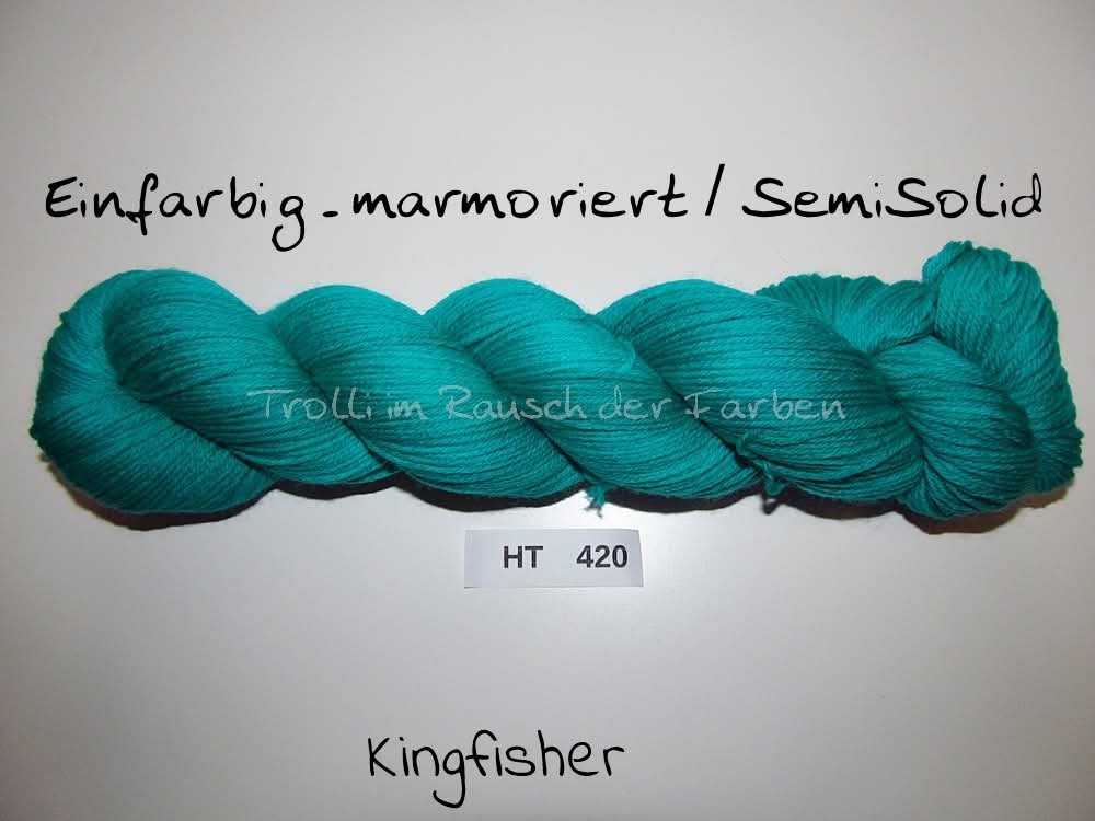 High Twist (4HT), handgefärbte Sockenwolle 4-fach 100g (HT420) "Einfarbig marmoriert - Kingfisher"