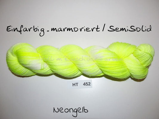High Twist (4HT), handgefärbte Sockenwolle 4-fach 100g (HT452) "Einfarbig marmoriert - Neongelb"