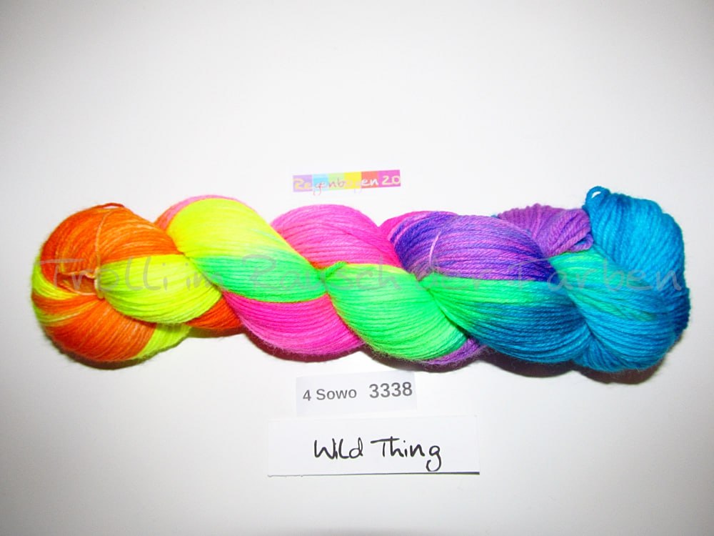 Handgefärbte Sockenwolle (4Sowo) 4-fach 100g (4Sowo3338) "Wilder Regenbogen 2.0"