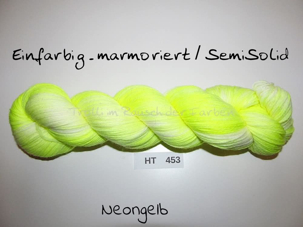 High Twist (4HT), handgefärbte Sockenwolle 4-fach 100g (HT453) "Einfarbig marmoriert - Neongelb"