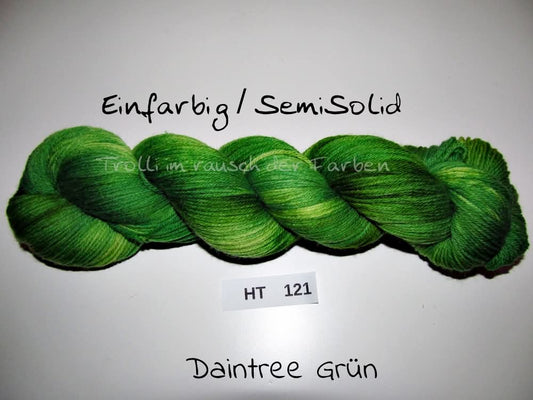 High Twist (4HT), handgefärbte Sockenwolle 4-fach 100g (HT121) "Einfarbig marmoriert - Daintree Grün"