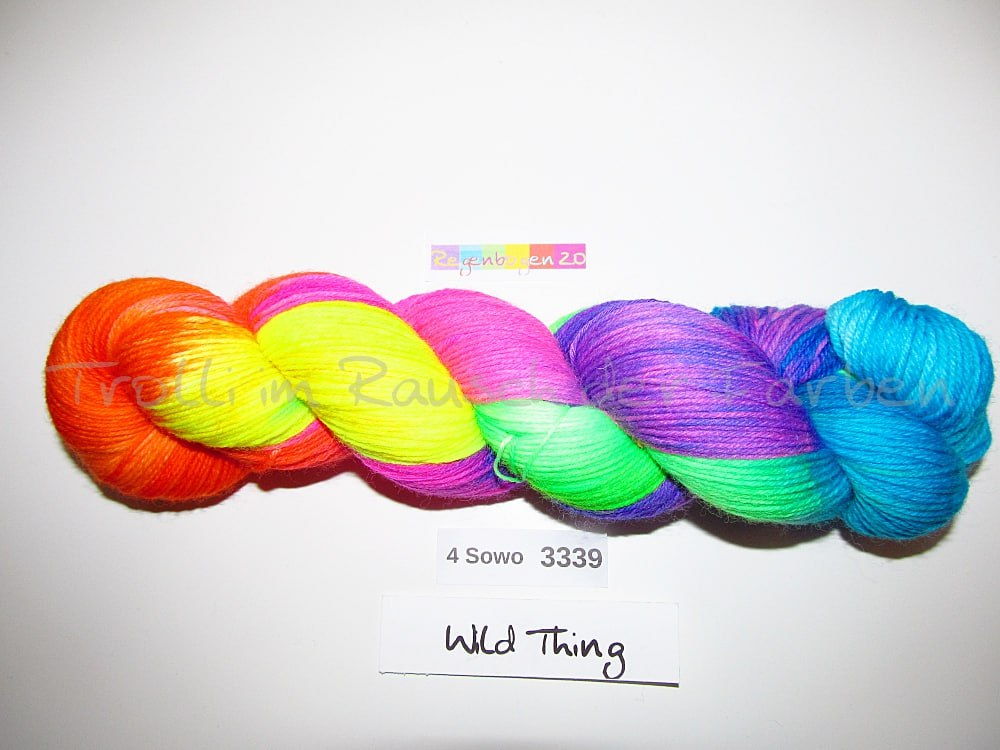 Handgefärbte Sockenwolle (4Sowo) 4-fach 100g (4Sowo3359) "Wilder Regenbogen 2.0"