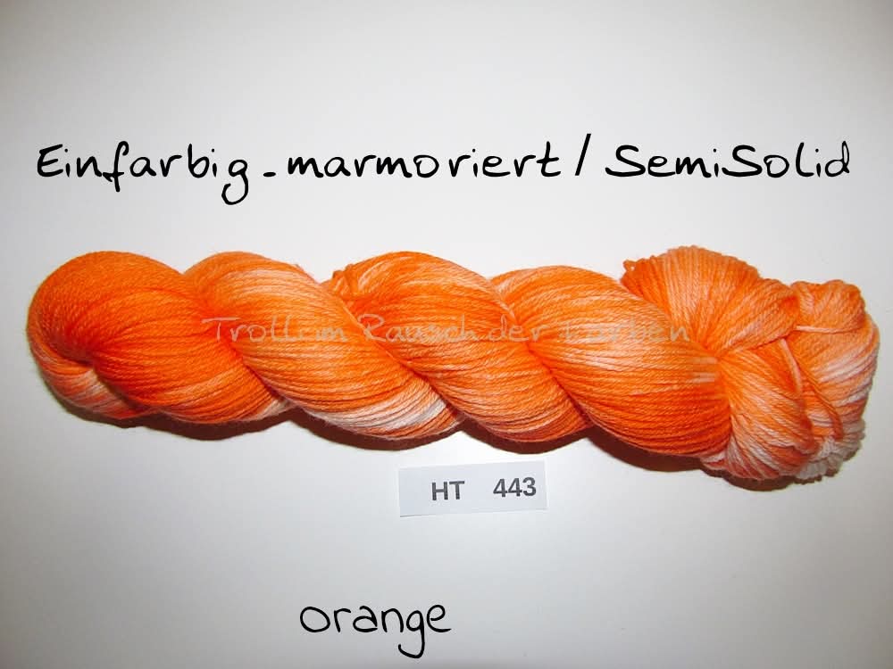 High Twist (4HT), handgefärbte Sockenwolle 4-fach 100g (HT443) "Einfarbig marmoriert - Orange"