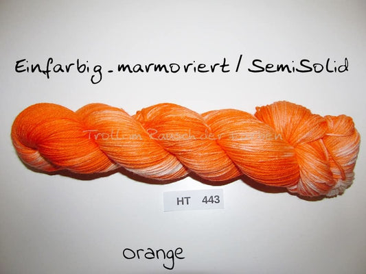 High Twist (4HT), handgefärbte Sockenwolle 4-fach 100g (HT443) "Einfarbig marmoriert - Orange"