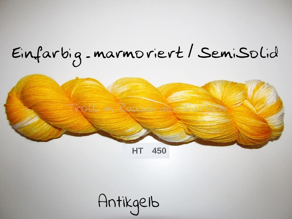 High Twist (4HT), handgefärbte Sockenwolle 4-fach 100g (HT450) "Einfarbig marmoriert - Antikgelb"